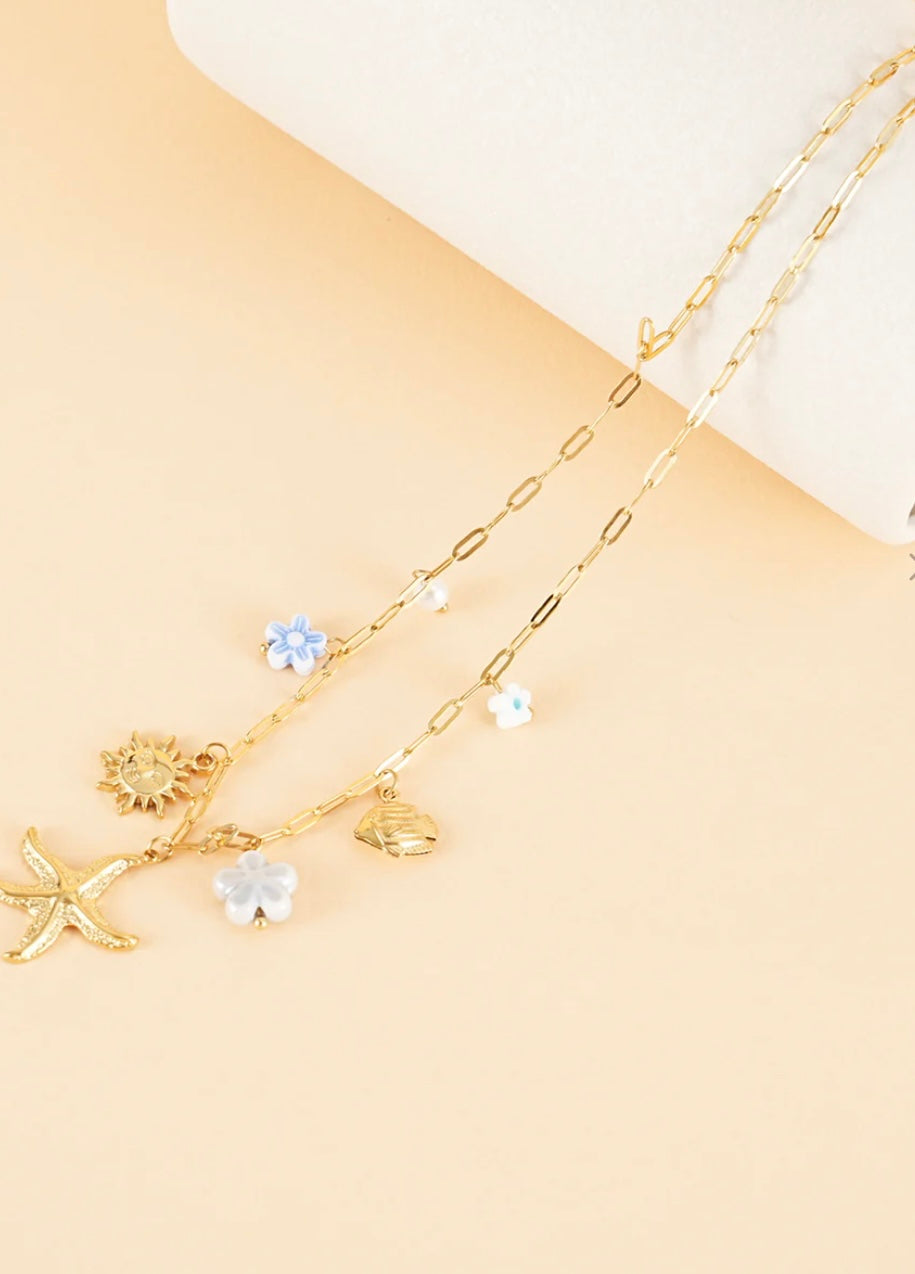 Collier fleur bleu coquillage