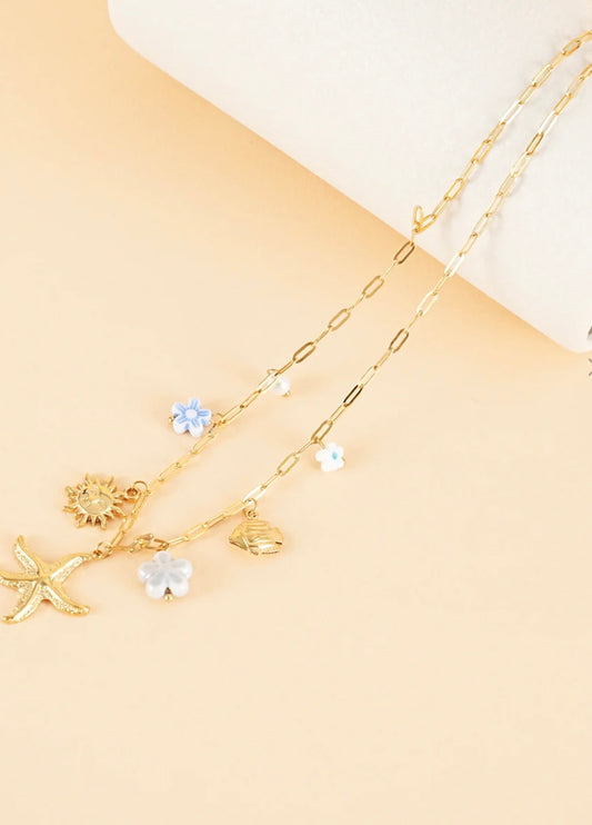 Collier fleur bleu coquillage