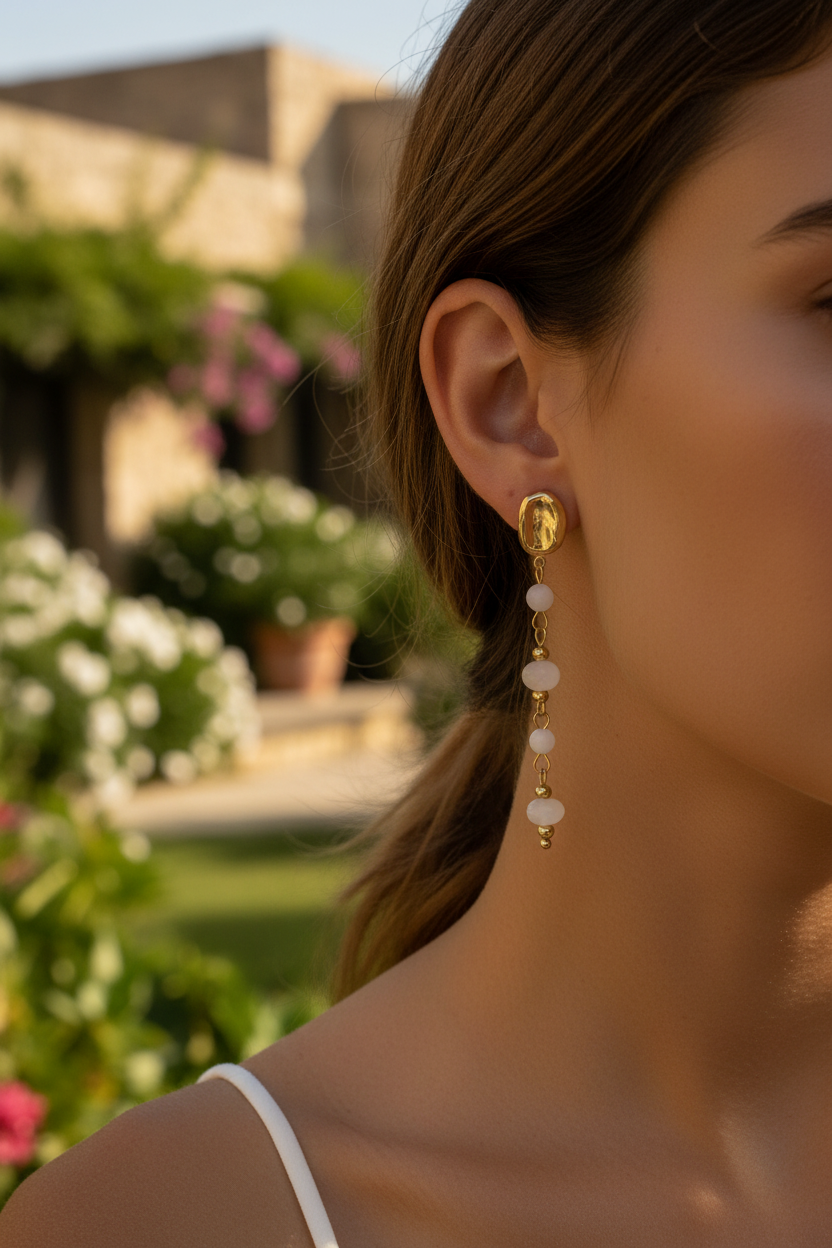 Boucle d’oreille longue blanche et doré
