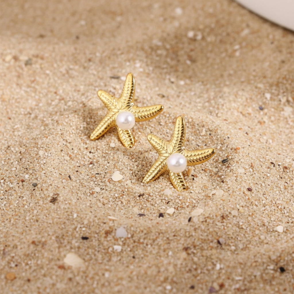 Boucle d’oreille étoile de mer perle blanche